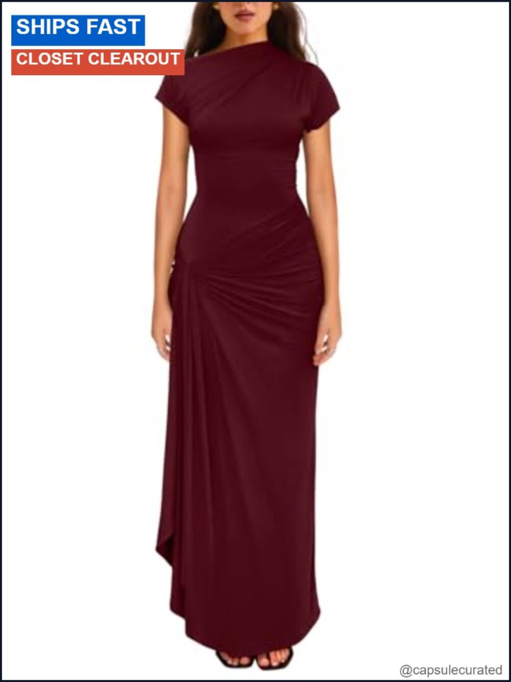 Women Short Sleeve Ruched Split Maxi Dress Lace-Up Party